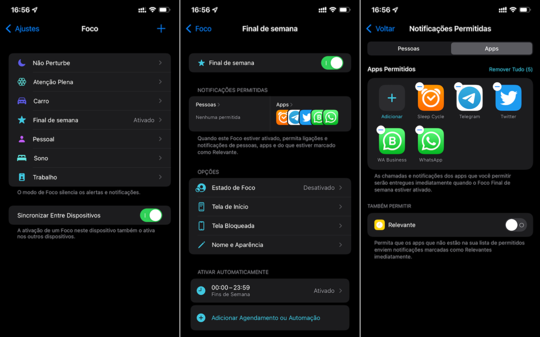 Configuração dos modos de foco no iOS 15 (Imagem: Lucas Braga / Tecnoblog)