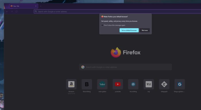 Firefox agora permite selecioná-lo como navegador padrão com apenas um botão (Imagem: Reprodução/ Firefox)