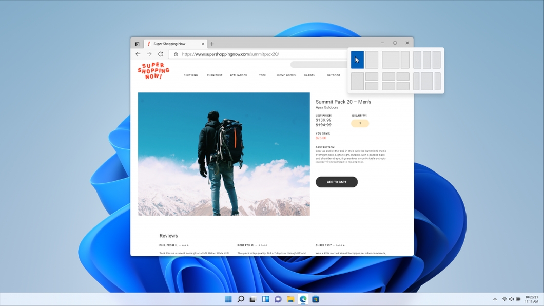 Snap Layouts do Windows 11 (imagem: divulgação/Microsoft)