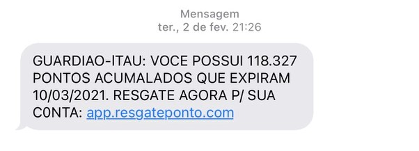 Mensagem falsa alega que pontos do Itaú vencem na semana seguinte 