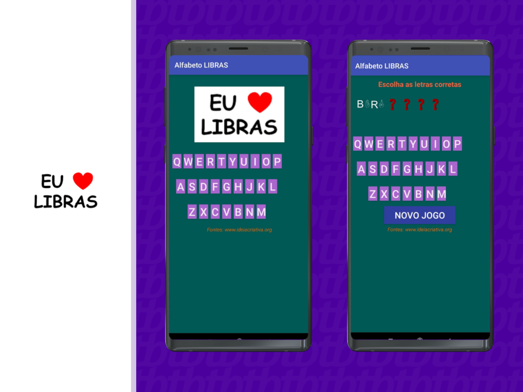 duas telas de celular com imagens do aplicativo alfabeto libras