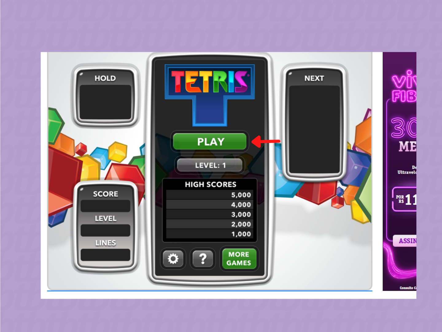 Tela de início do Tetris online