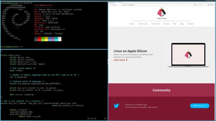 Debian em um Mac com M1 (imagem: Alyssa Rosenzweig/Twitter)
