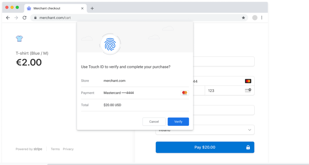 Confirmação de pagamento usando Touch ID do Mac