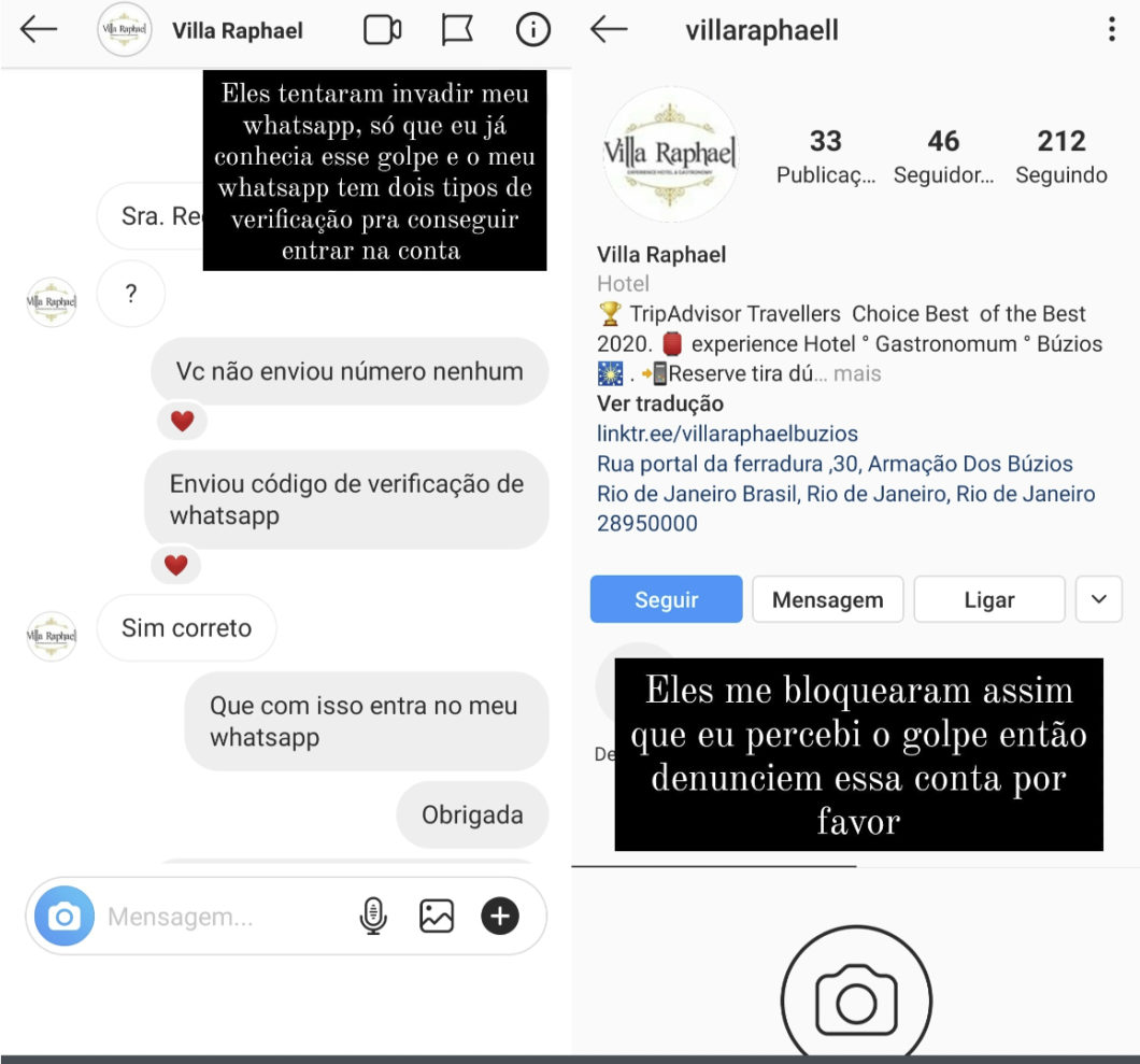 Golpistas tentam clonar conta do WhatsApp através de perfil falso do Instagram (Imagem: Reprodução/@emilliegaldino/Twitter)