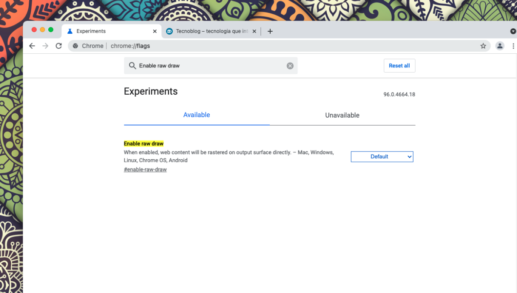 Opção para ativar o RawDraw no Chrome Flags (Imagem: Reprodução/Tecnoblog)