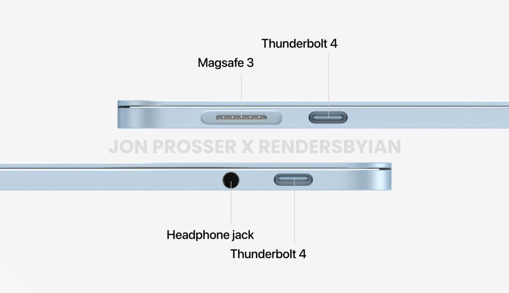 Possíveis conectores do MacBook Air de 2022 (Imagem: Reprodução/Front Page Tech)