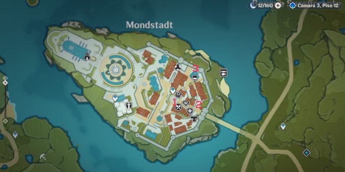 Mapa da região de Mondstadt em Genshin Impact com números destacando locais que precisam ser visitados na missão secundária "Troca Equivalente"