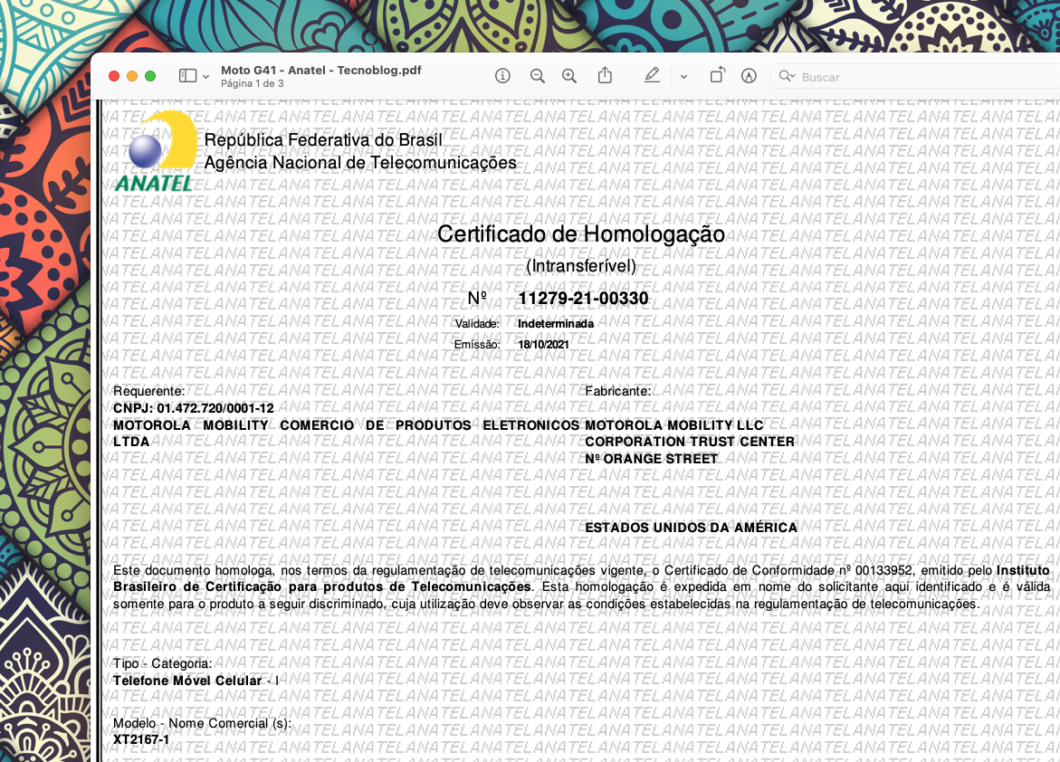 Certificado de homologação do Moto G41 (Imagem: Reprodução/Tecnoblog)