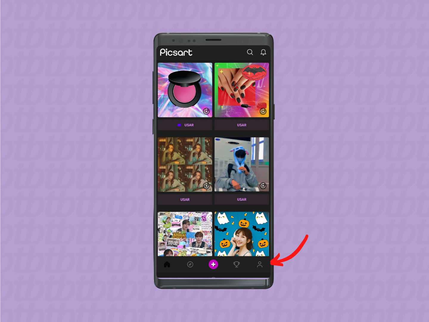 screenshot da tela inicial do aplicativo picsart com destaque para o ícone do boneco