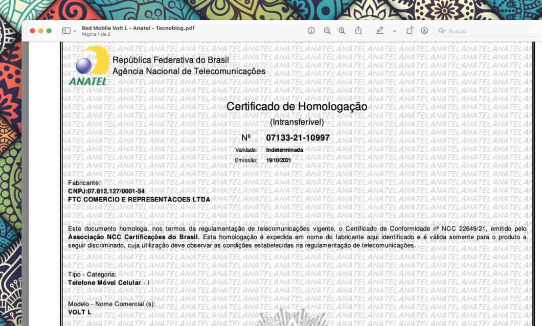Certificado de homologação do Volt L na Anatel (Imagem: Reprodução/Tecnoblog)