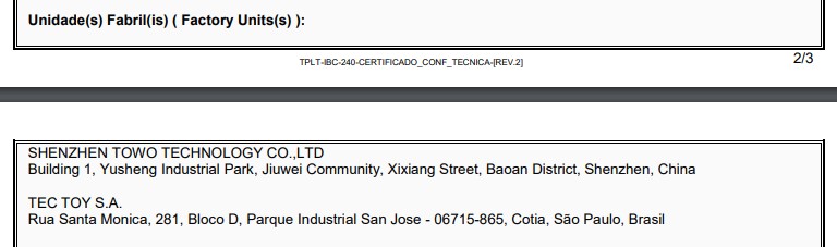 Shenzhen Towo é listada como fabricante na documentação da Anatel