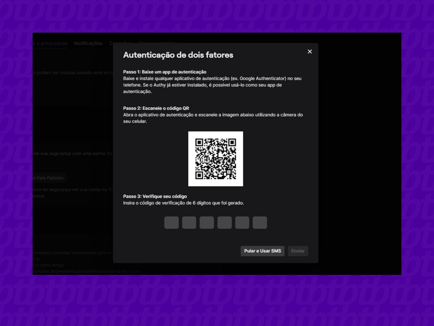 Escaneando o código QR da autenticação de dois fatores da Twitch
