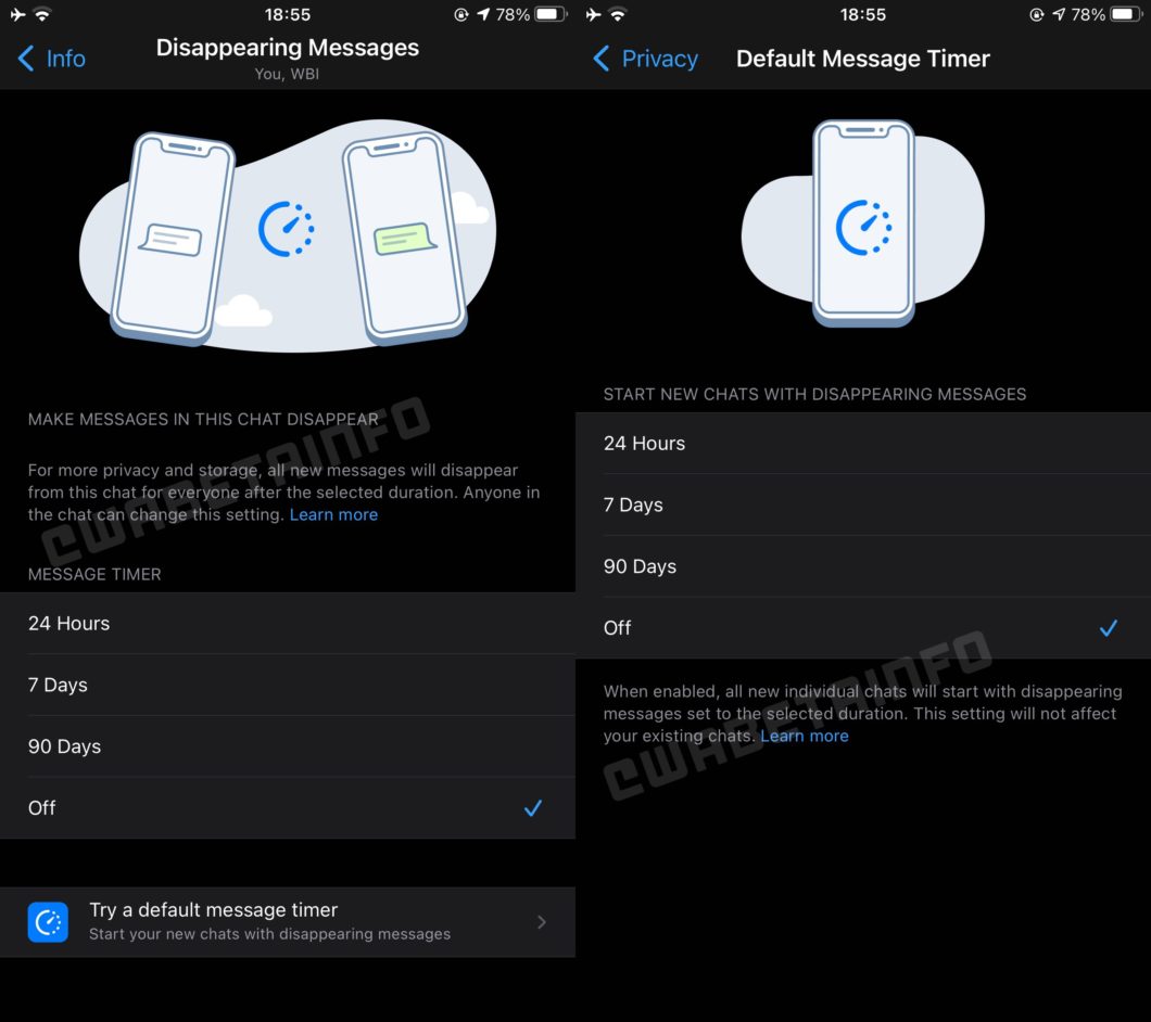 WhatsApp Beta para iPhone ganha novas configurações para mensagens que desaparecem (Imagem: Reprodução/WABetaInfo)