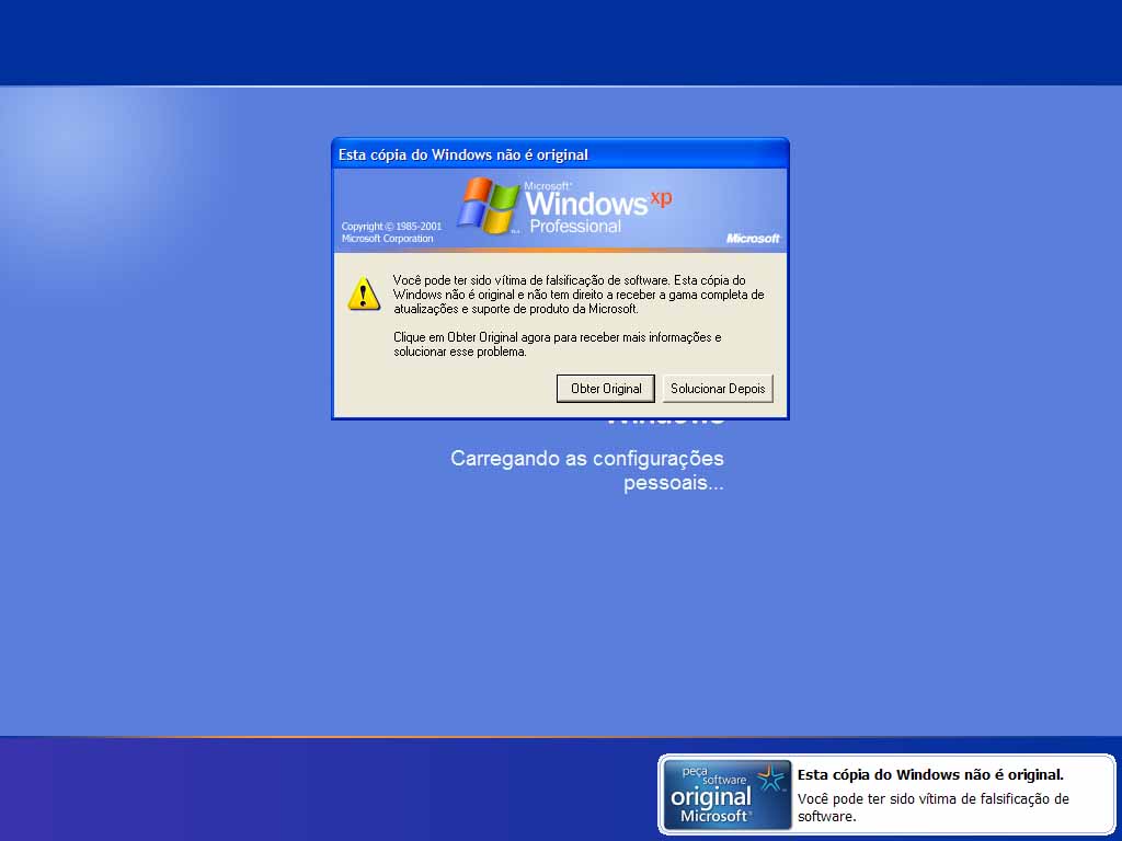 "Você pode ter sido vítima de falsificação de software", avisa Windows XP (Imagem: Reprodução)