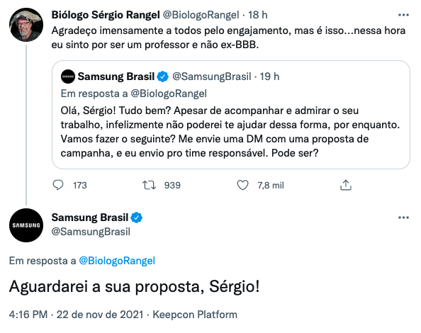 Interação entre o biólogo Sérgio Rangel e a Samsung Brasil (Imagem: Reprodução/Twitter)