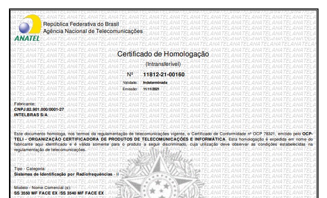 Certificado de homologação dos porteiros eletrônicos com reconhecimento facial da Intelbras