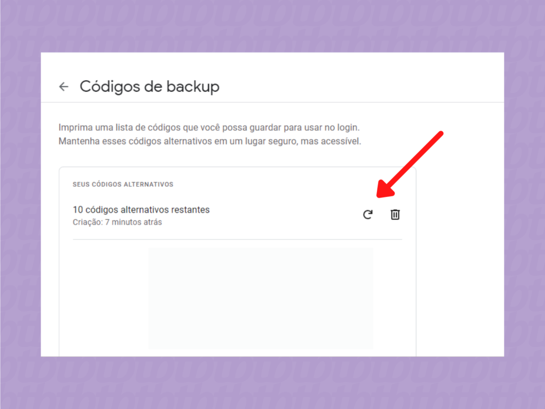 screenshot códigos de backup conta google