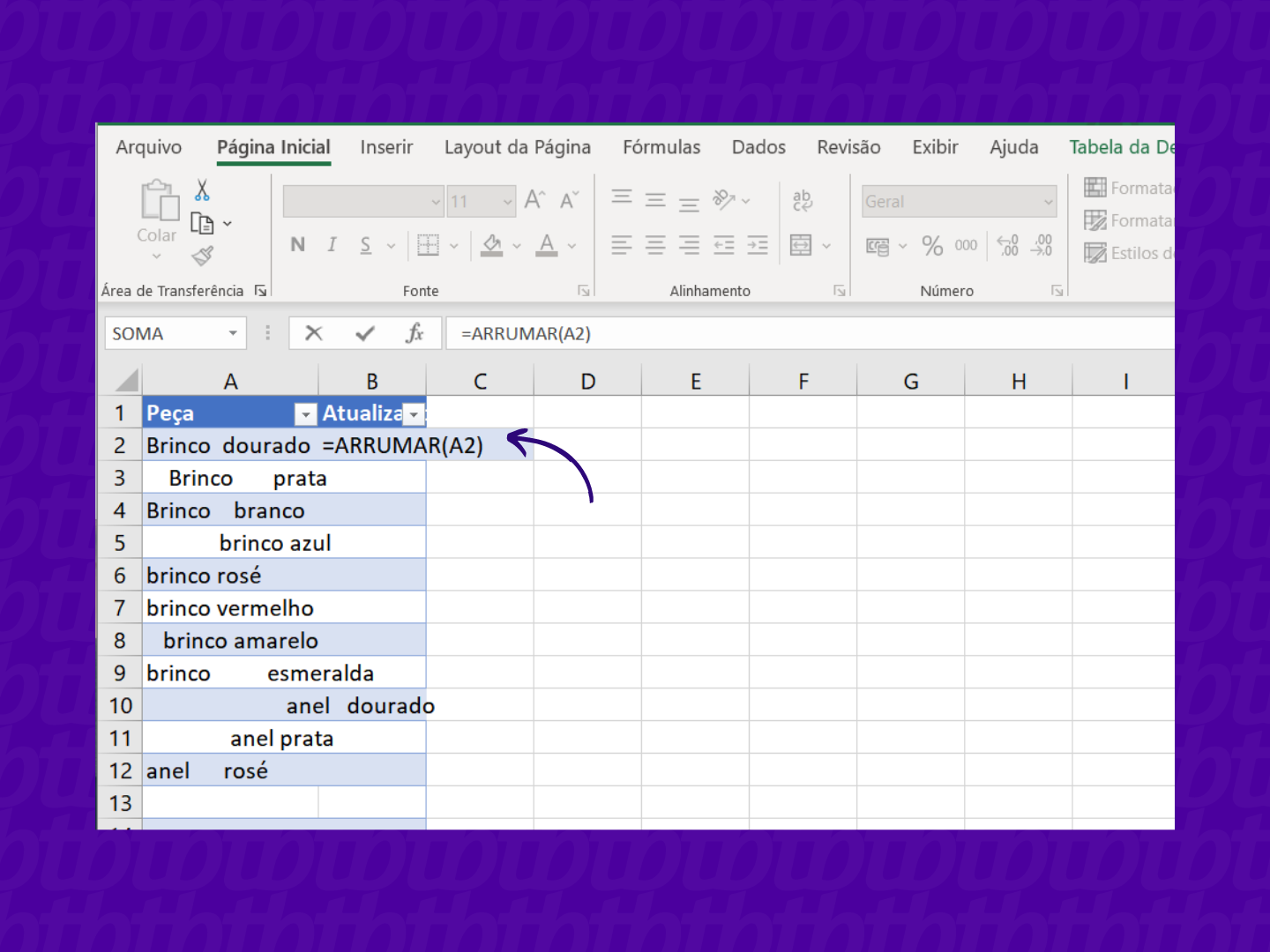 Função "ARRUMAR" no Excel para remover espaço em branco