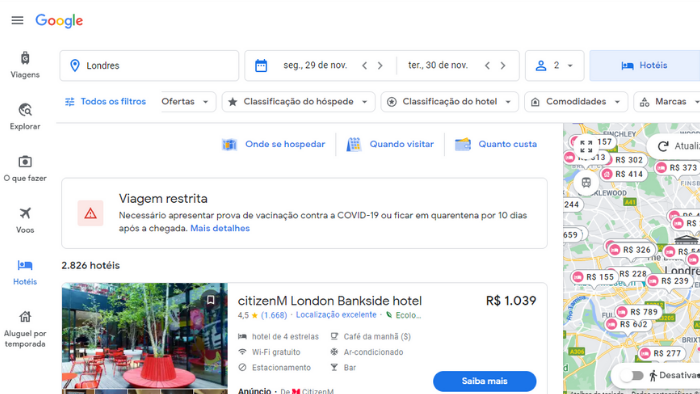 screenshot hotéis google travel