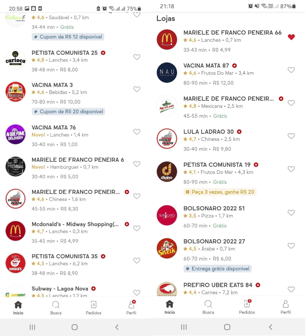 Restaurantes do iFood têm nomes alterados com ataques à políticos e à vacina (Imagem: Reprodução/Twitter)