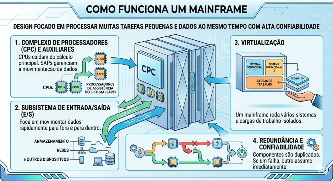 O funcionamento de um mainframe pode ser dividido em quatro etapas: processadores, E/S, virtualização e redundância/confiabilidade