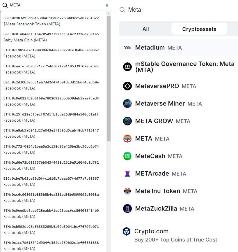 Examples of cryptocurrencies found in Token Sniffer and CoinMarketCap (Image: Reproduction) 
