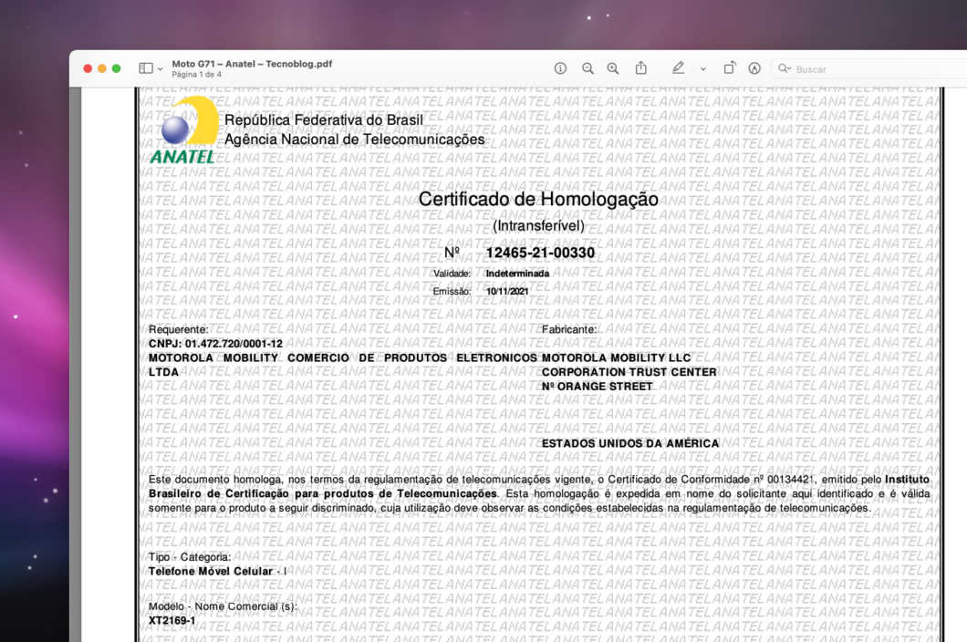 Certificado de homologação do Moto G71 na Anatel (Imagem: Reprodução/Tecnoblog)