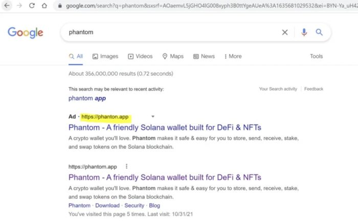 Print do endereço falso da carteira Phantom promovido no Google Ads (Imagem: Reprodução/ Check Point Research)