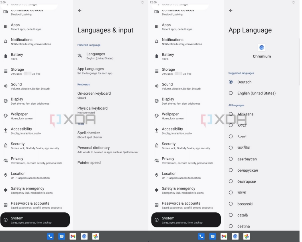  Configuração de idioma de apps no Android 13 (Imagem: Reprodução/XDA Developers) 