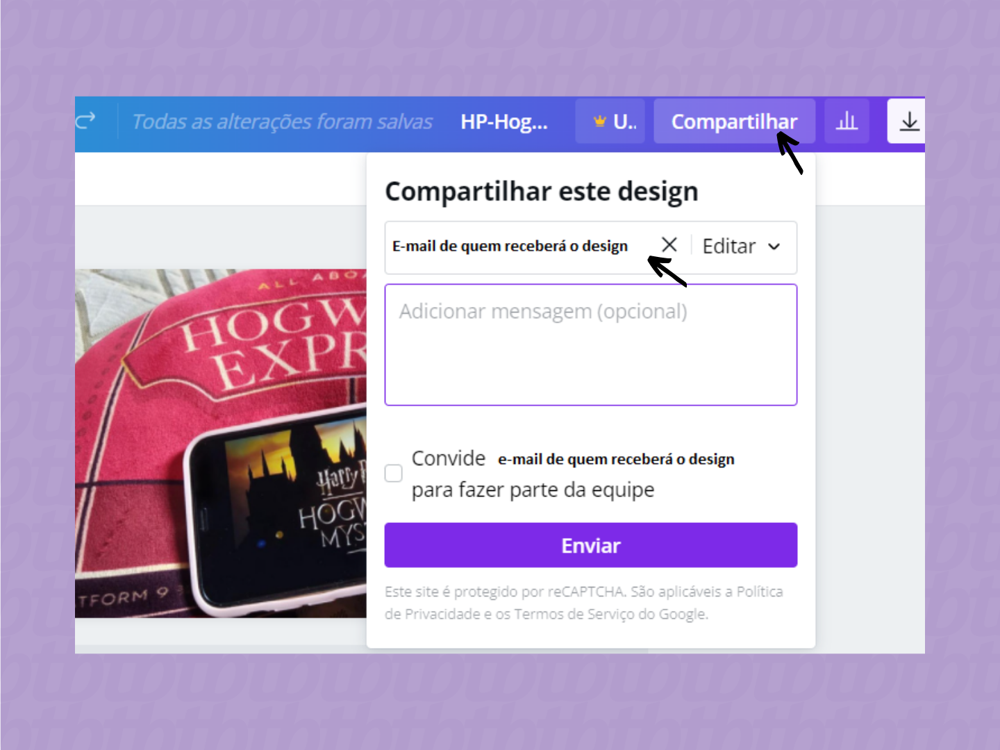 Insira os e-mails para compartilhar o design do Canva (Imagem: Reprodução/Canva)