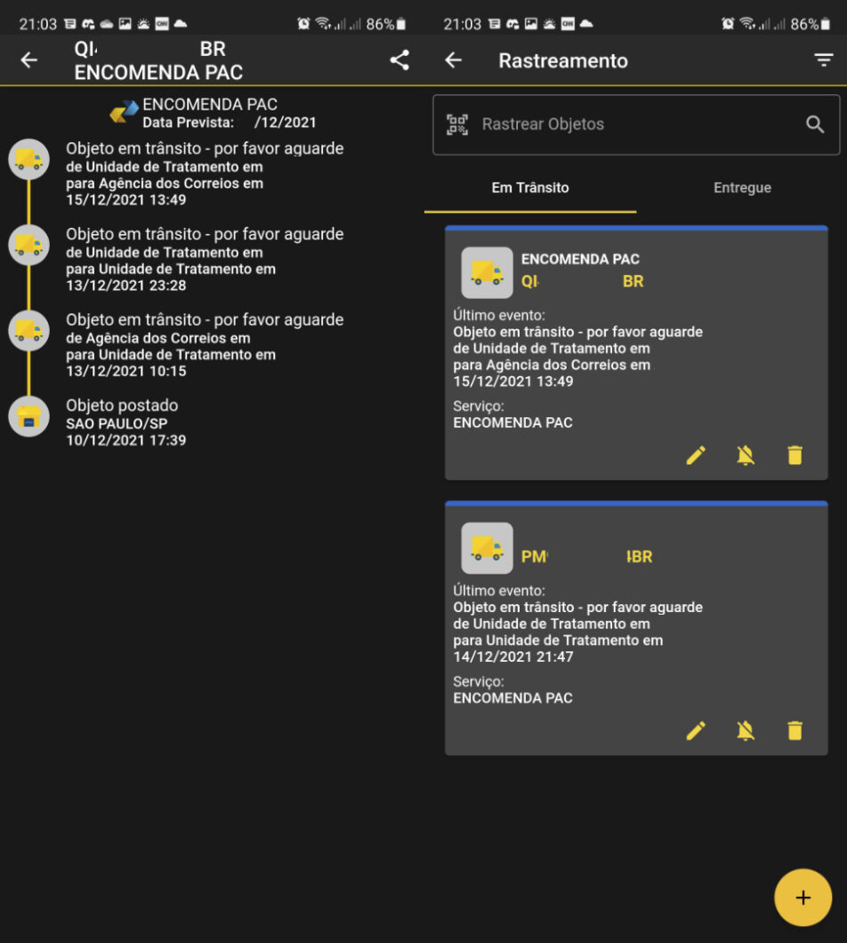 Opções de rastreio do app dos Correios para Android (Imagem: Reprodução/Tecnoblog)