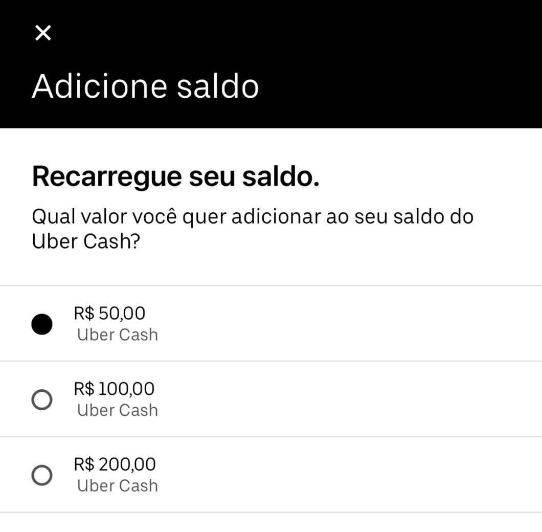 Tela do app Uber para comprar créditos Uber Cash