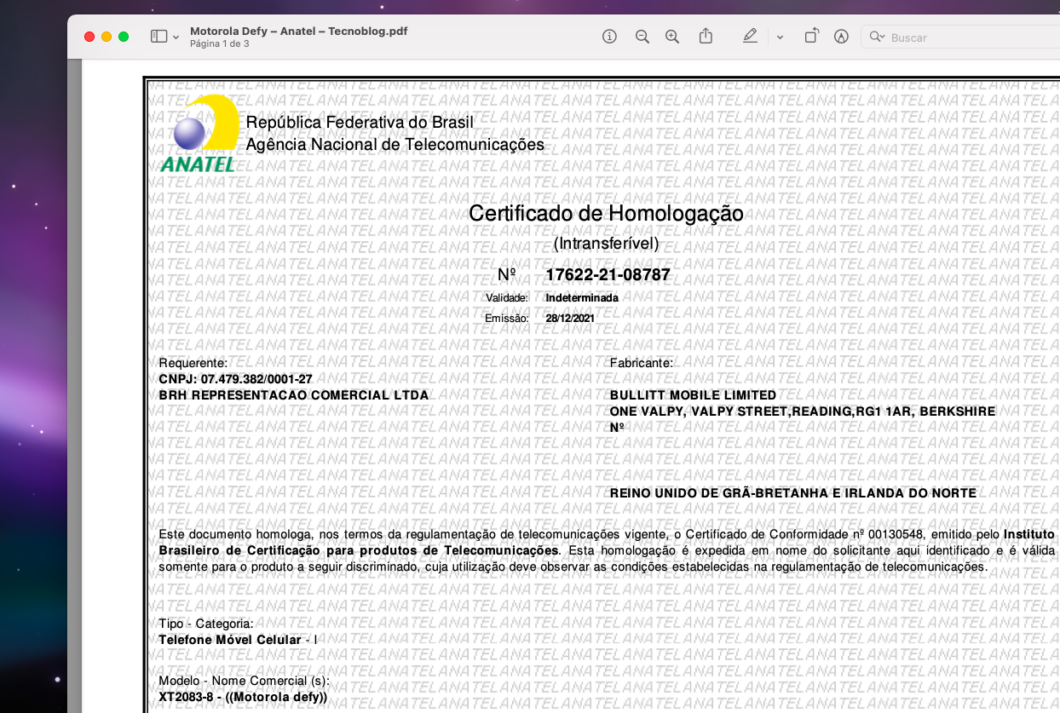 Certificado de homologação do Motorola Defy no Brasil (Imagem: Reprodução/Tecnoblog)