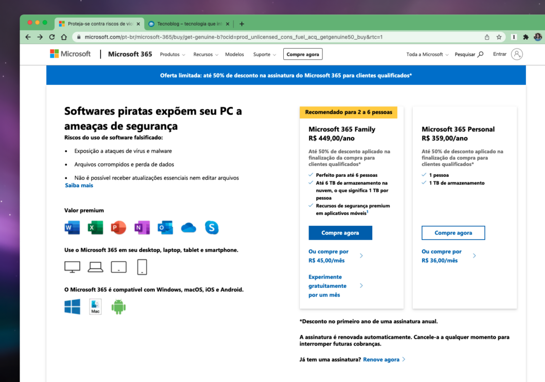 Usuários de Office pirata ganham desconto de até 50% para assinar o Microsoft 365 (Imagem: Reprodução/Tecnoblog)