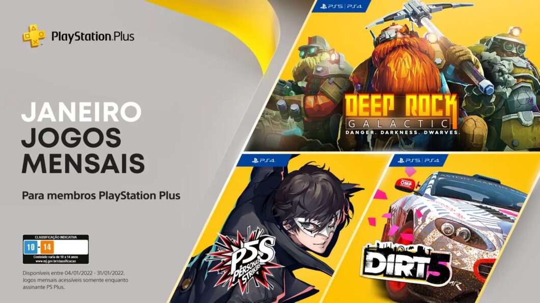 PS Plus de janeiro tem Dirt 5, Persona 5 Strikers e Deep Rock Galactic
