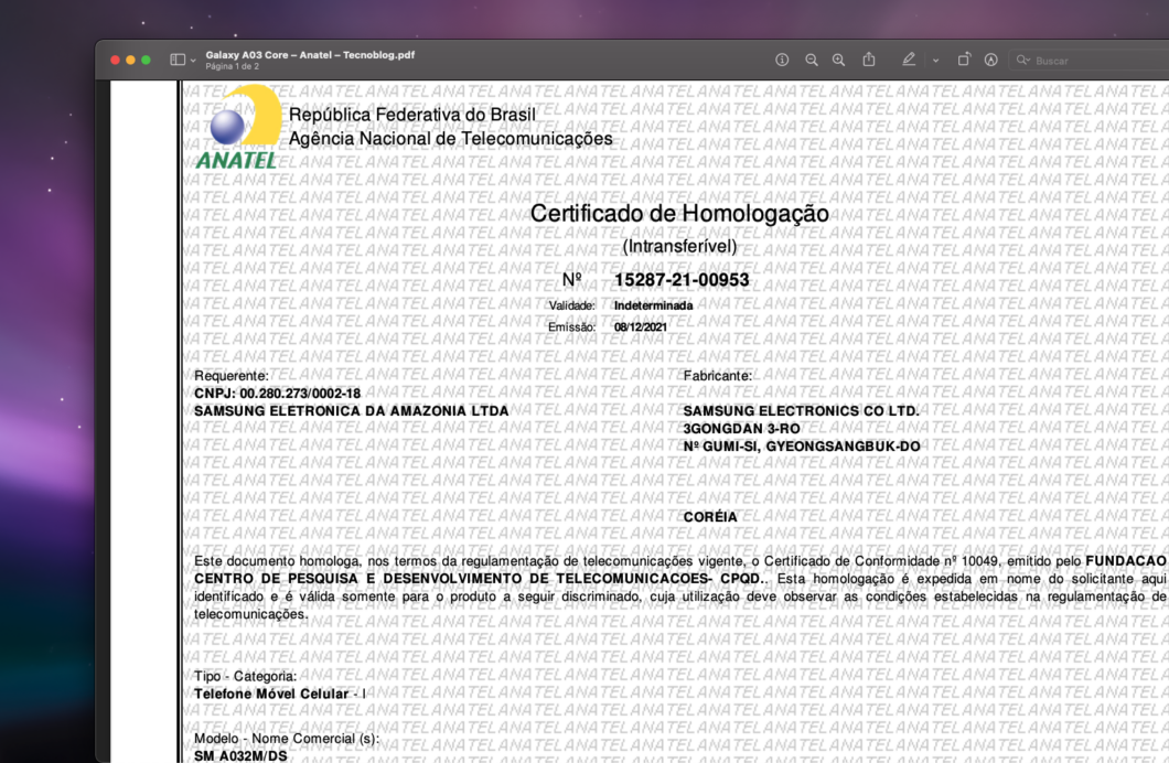 Certificado de homologação do Galaxy A03 Core (Imagem: Reprodução/Tecnoblog)