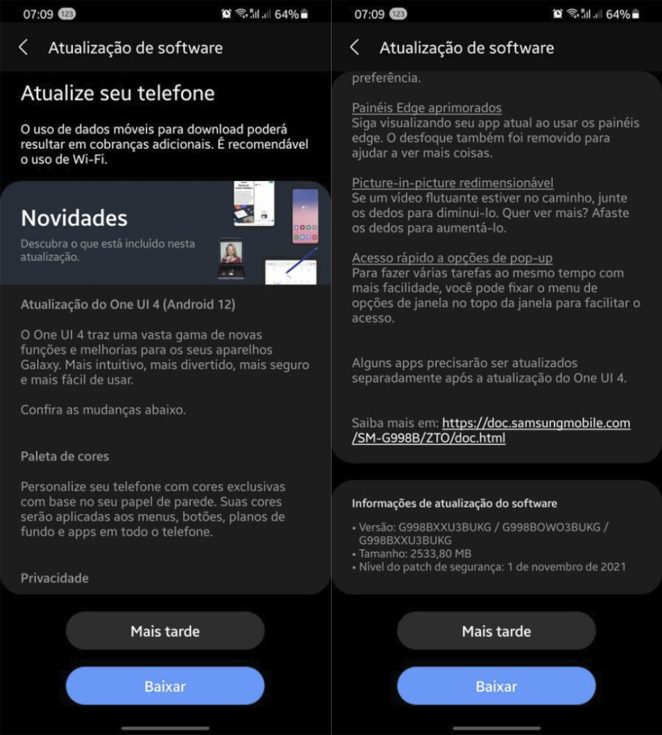 Atualização da One UI 4 com Android 12 para o Galaxy S21 Ultra (Imagem: Reprodução/Samsung Members)