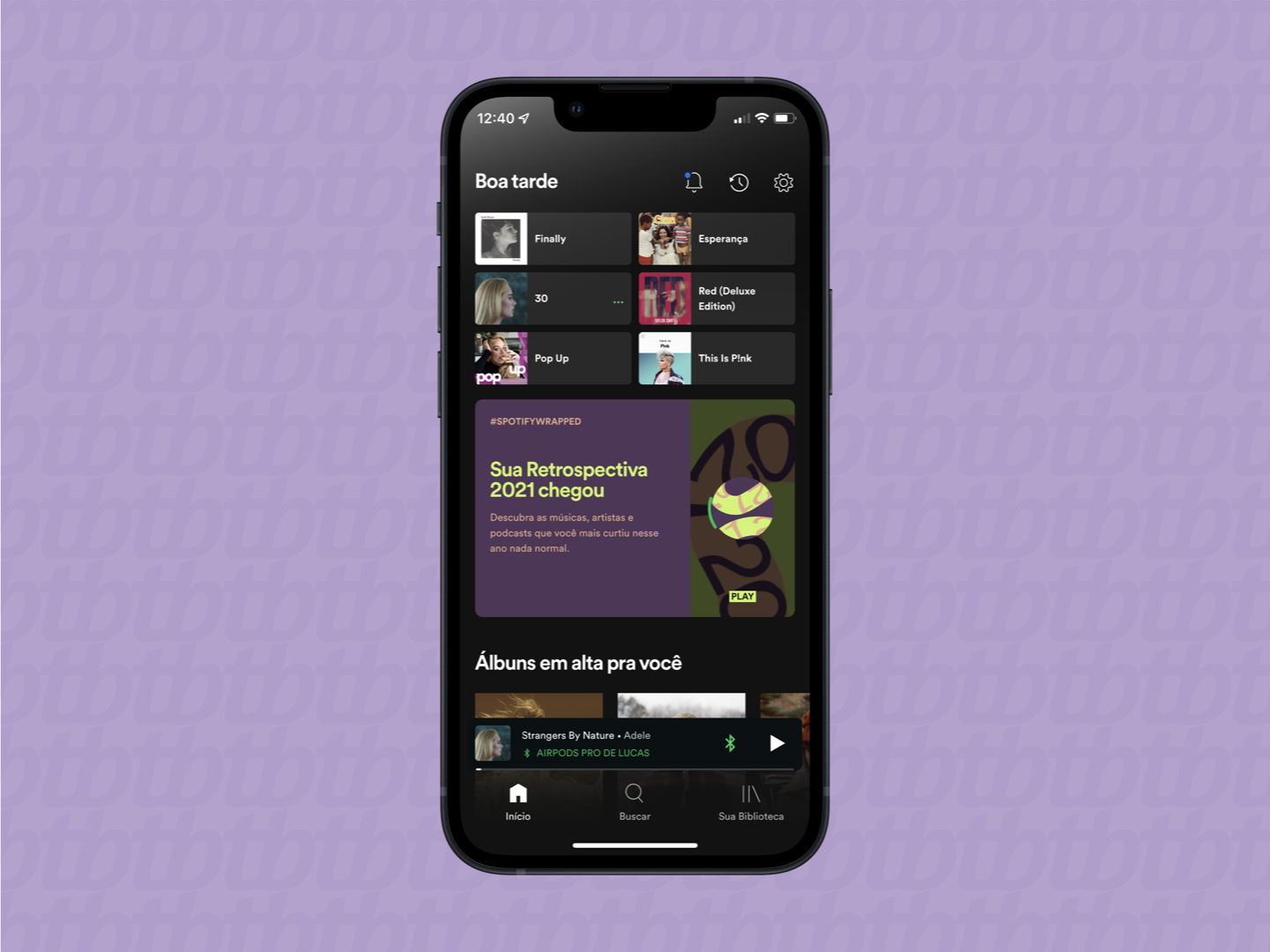 Tela inicial do Spotify com card para ver o Wrapped de 2021