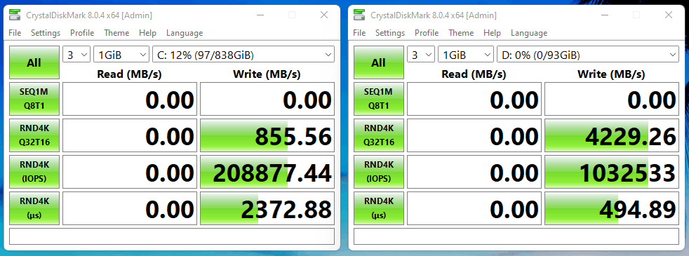 Testes de SSD principal (esquerda) e secundário (direita) do Windows 11 