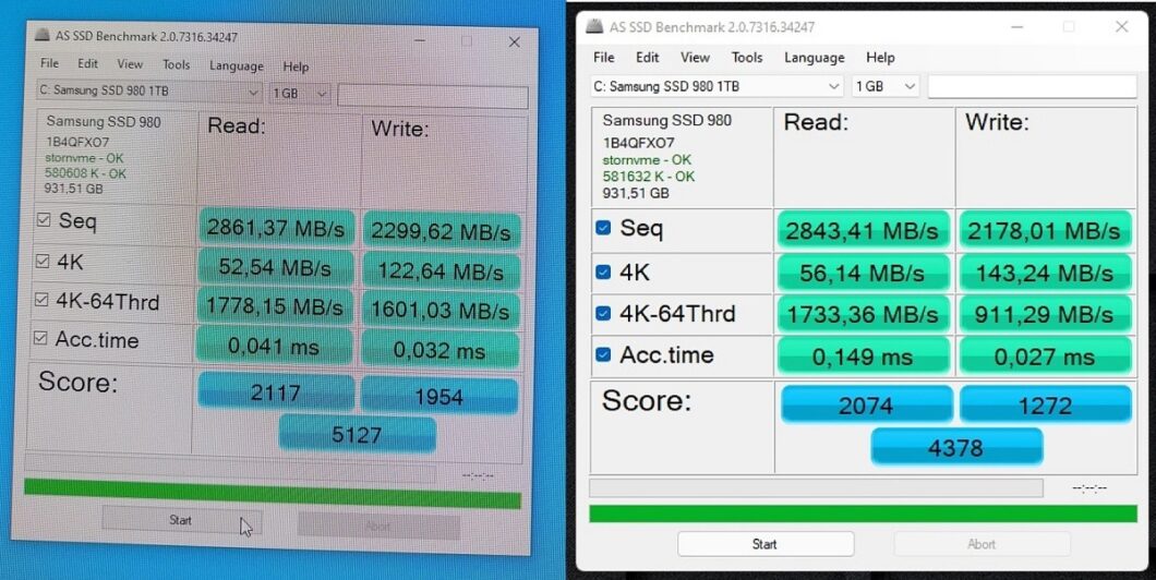 Comparação de benchmark de SSD no Windows 10 (esquerda) e no Windows 11 (direita)