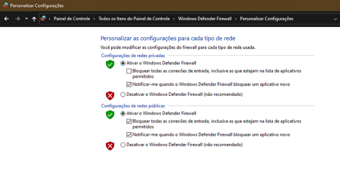 Ativando o firewall do Windows (Imagem: Leandro Kovacs/Reprodução)