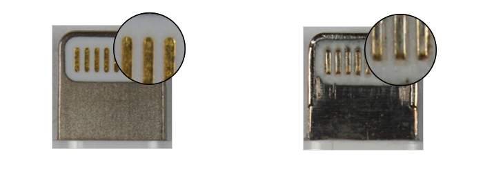 Conector Lightning original à esquerda e falso à direta (Imagem: Divulgação/Apple)