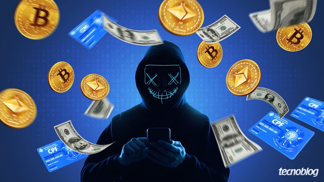 Hacker rodeado de CPFs, dólares e criptomoedas bitcoin e ether