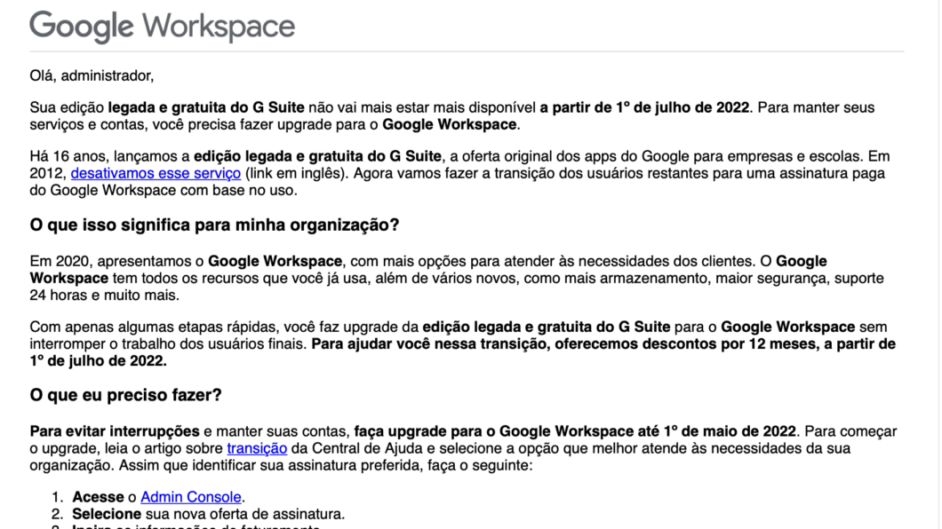 Aviso do Google Workspace chega por e-mail (Imagem: Reprodução/Google)
