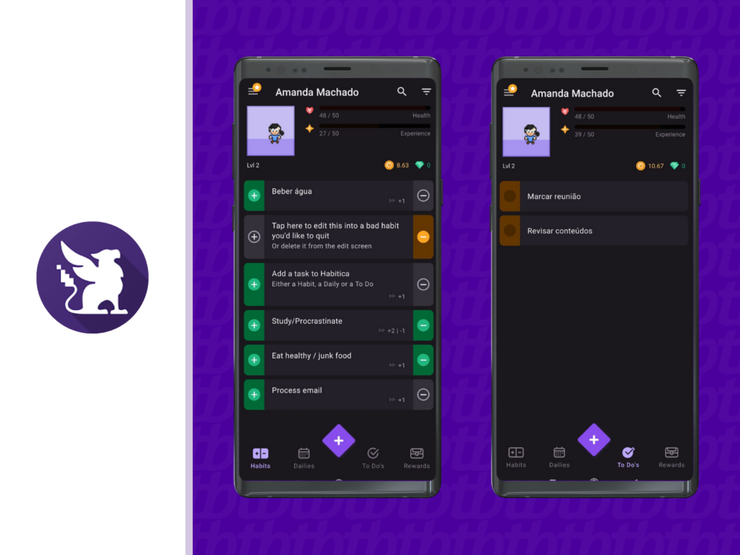 screenshot app habitica de rotina e hábitos em formato de jogo