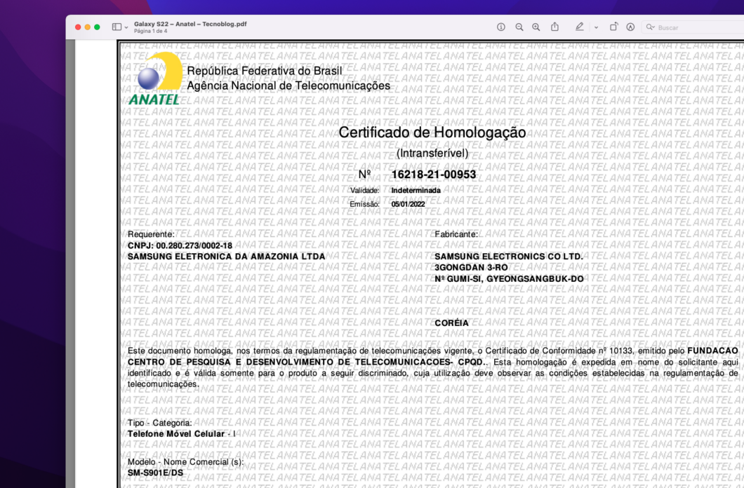 Certificado de homologação do <a href='https://meuspy.com/tag/Espionar-Galaxy'>Galaxy</a> S22 (Imagem: Reprodução/Tecnoblog)