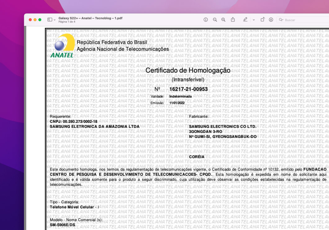 Certificado de homologação do Galaxy S22+ (Imagem: Reprodução/Tecnoblog)