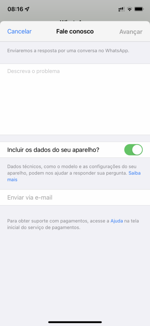 Suporte do WhatsApp entra em contato com os usuários através de uma conversa no app (Imagem: Reprodução/Tecnoblog)