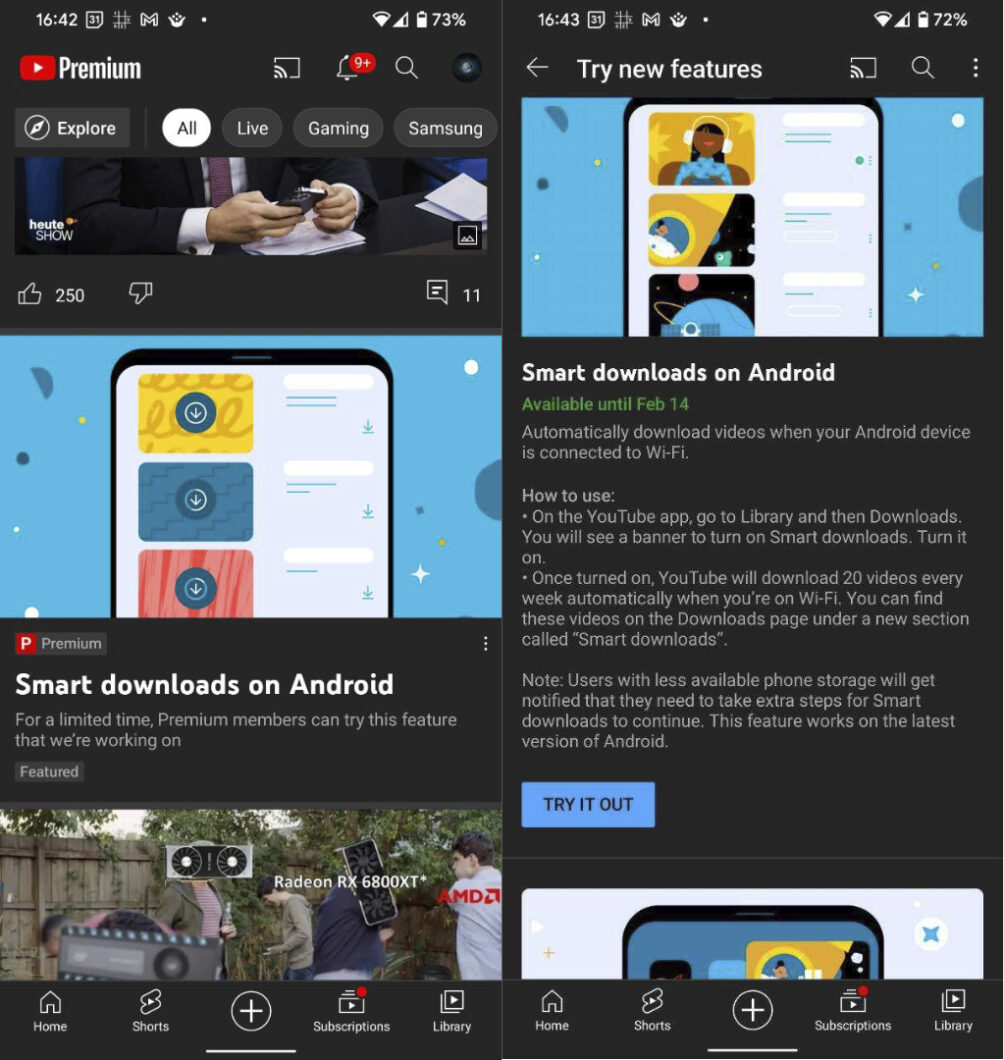YouTube experimenta download inteligente em app para Android 12 (Imagem: Reprodução/9to5Google)